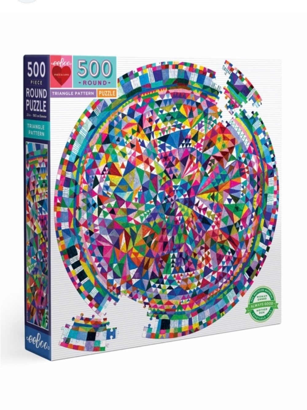 NIB eeBoo:”Piece and Love” Triangle Pattern 500 Piece Round Circle Jigsaw Puzzle